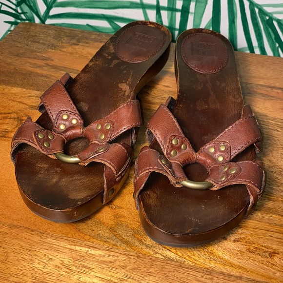 Frye Ellie Ring Slides Brown Leather & Wood Women’s 8 M - Picture 2 of 7